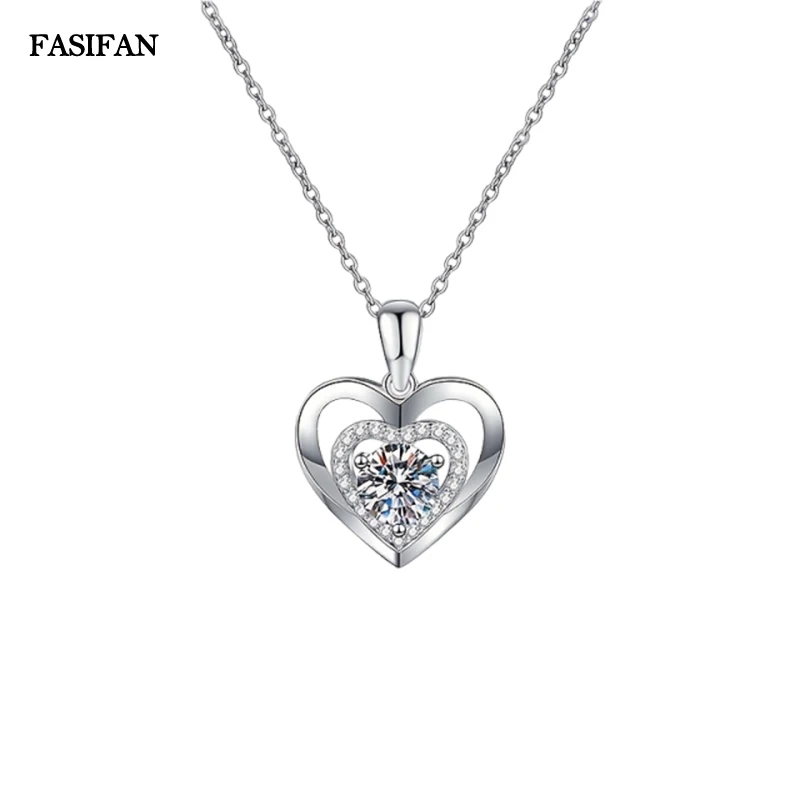

FASIFAN 925 Sterling Silver Women's Heart Shape Pendant Luminous Moissanite Necklace Fashion Anniversary Birthday Jewelry Gift