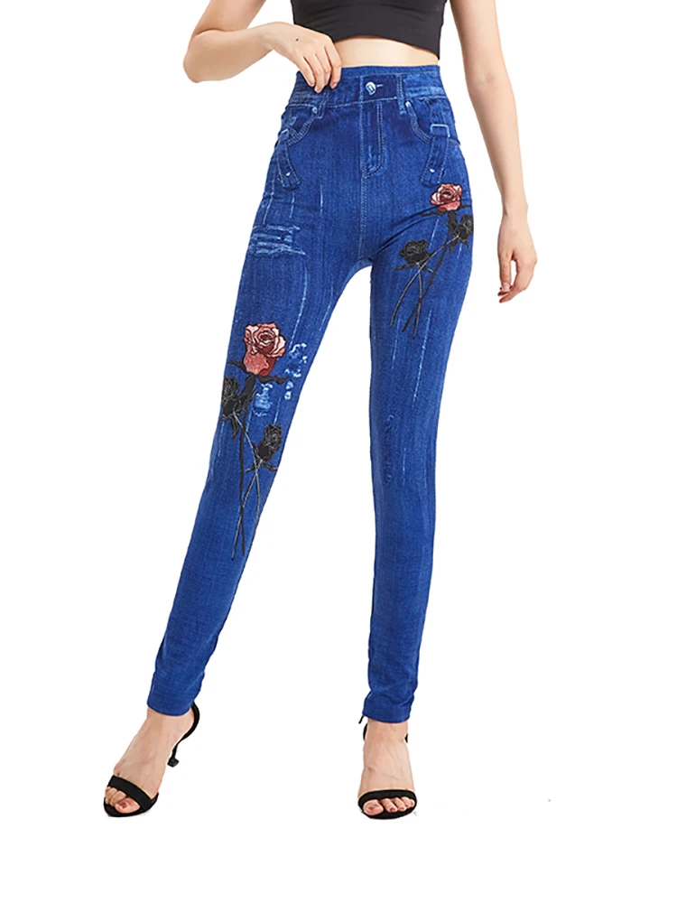 VISNXGI Elegant Women Clothes False Jean Stretchy Plus Size Pants High Waist Jegging Casual Red Rose Print Ladies Leggings S-3XL