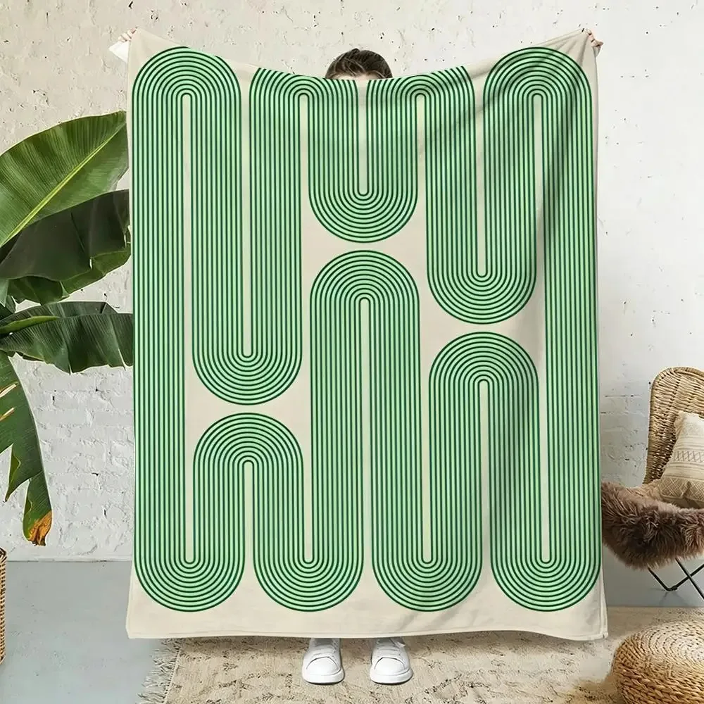 Green Abstract Line Art Blanket Retro Geometric Throw For Living Room Sofa Boho Decor Accent Modern Minimalist Home Textile Art