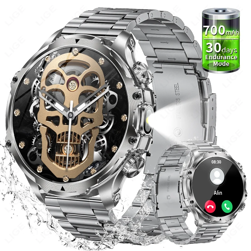 Military Steel Smart Watch Men Flashlight 1.9 Inch Outdoor 700mAh Sports Fitness Watch Bluetooth Call Smartwatch for Android iOS