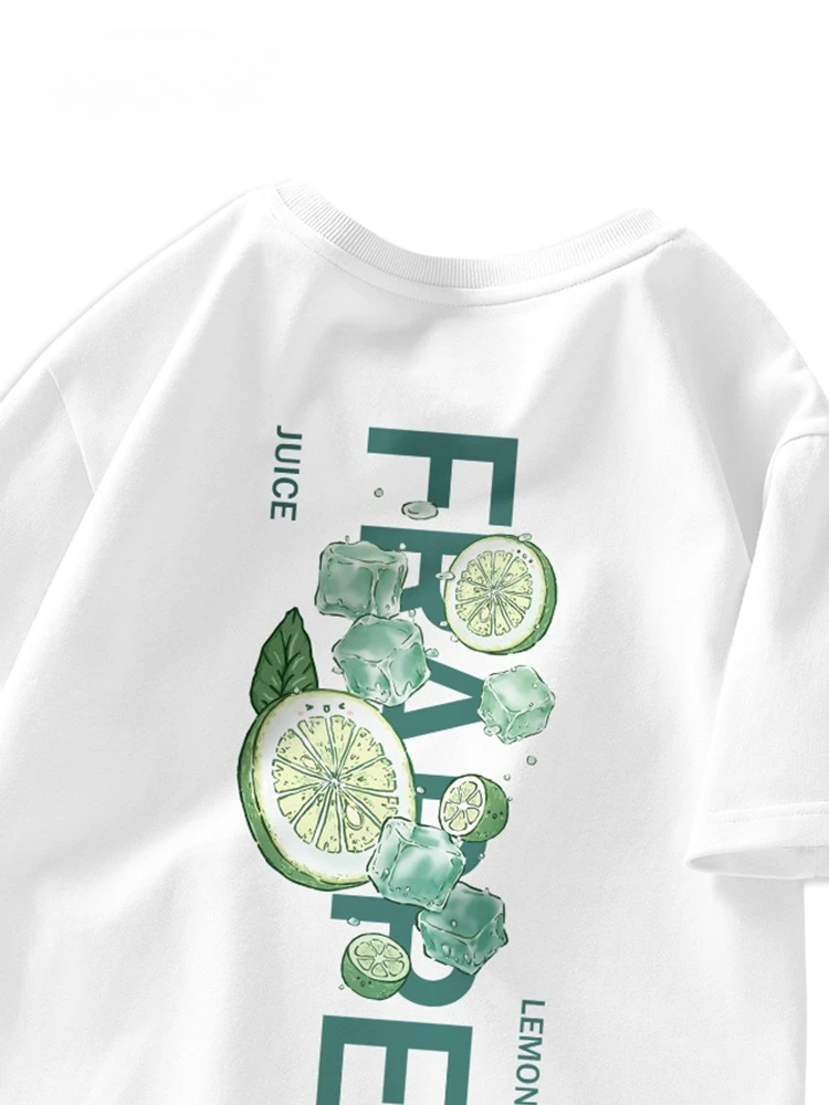 

White Lemon Print Short Sleeve Men's Summer 2025 New Fashion Brand Cotton Loose Men's T Shirt Harajuku Style Fashion Casual Tops
