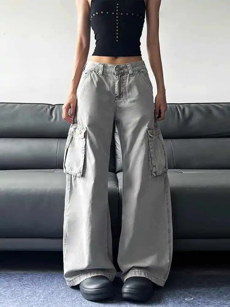 

Women Blue Jeans Cargo Pants Streetwear High Waist American Wide Leg Pants Fashion Y2K Style Female Winter Straight Trousers