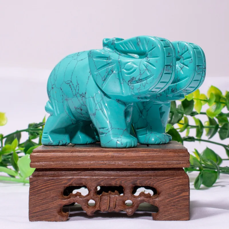 

Turquoise Elephant Carving Ornament 3 inch Taisong Semi Precious Stone Statue Home Décor Feng Shui Mineral Craft