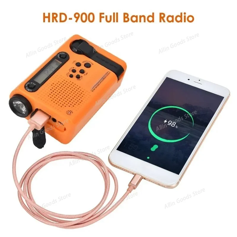HRD-900 Portable Solar Charging Full Band Radio for Camping Hiking FM AM Radio Flashlight Power Bank Radiogram Radio Solar