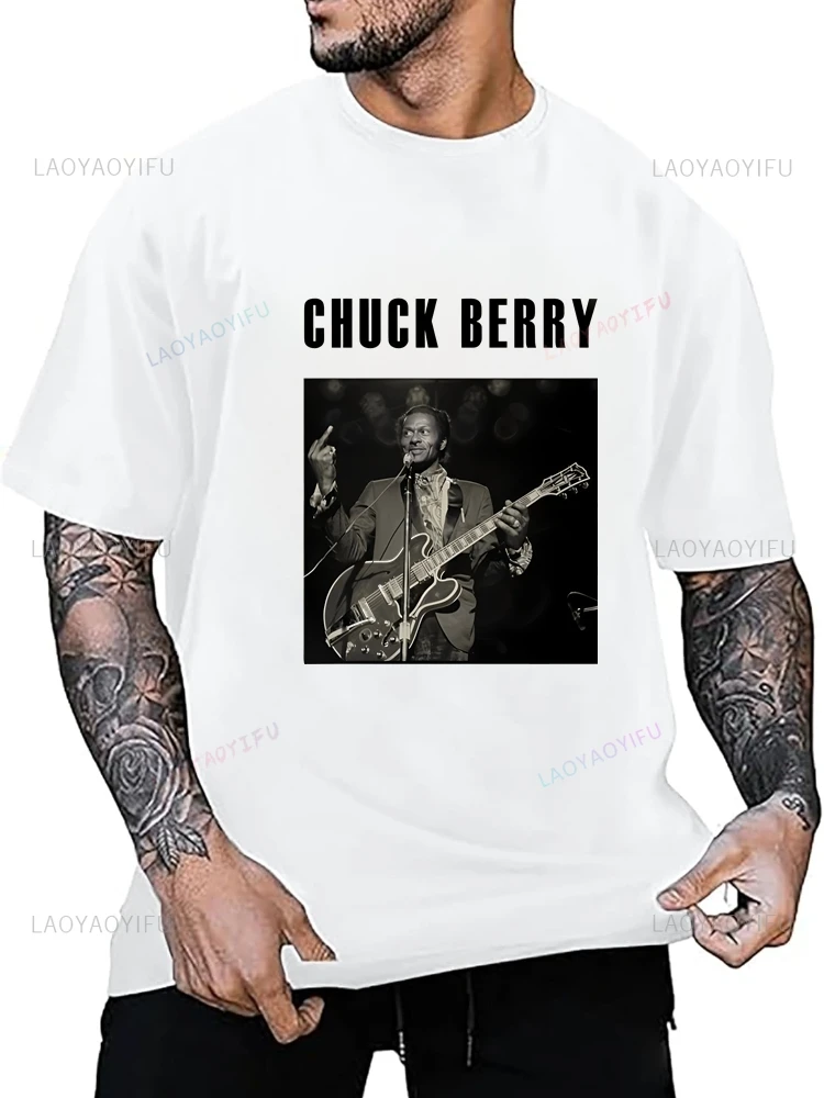 Fashionable Retro Chuck Berry Rock Guitarist Trend Harajuku Short-sleeved Unisex Shirt Pattern Round Neck T-shirt