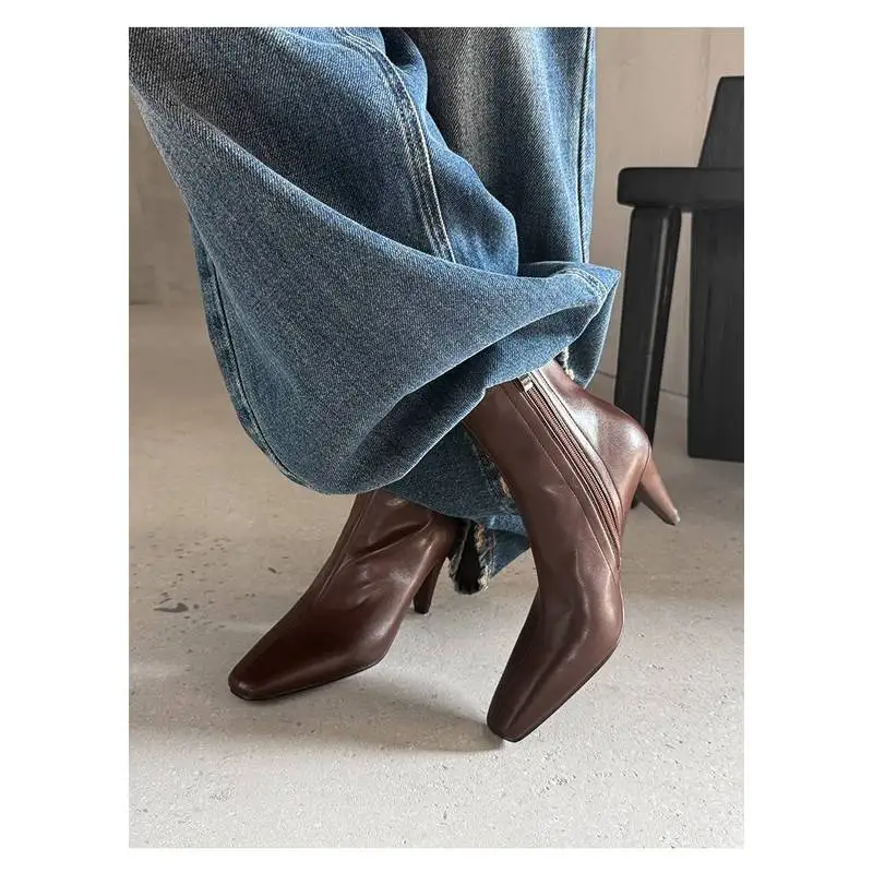 Women Microfiber Stretch Ankle Boots Square Toe Side Zipper Block High Heel TPR Pig Insole Winter Daily Short Fashion BootieF183