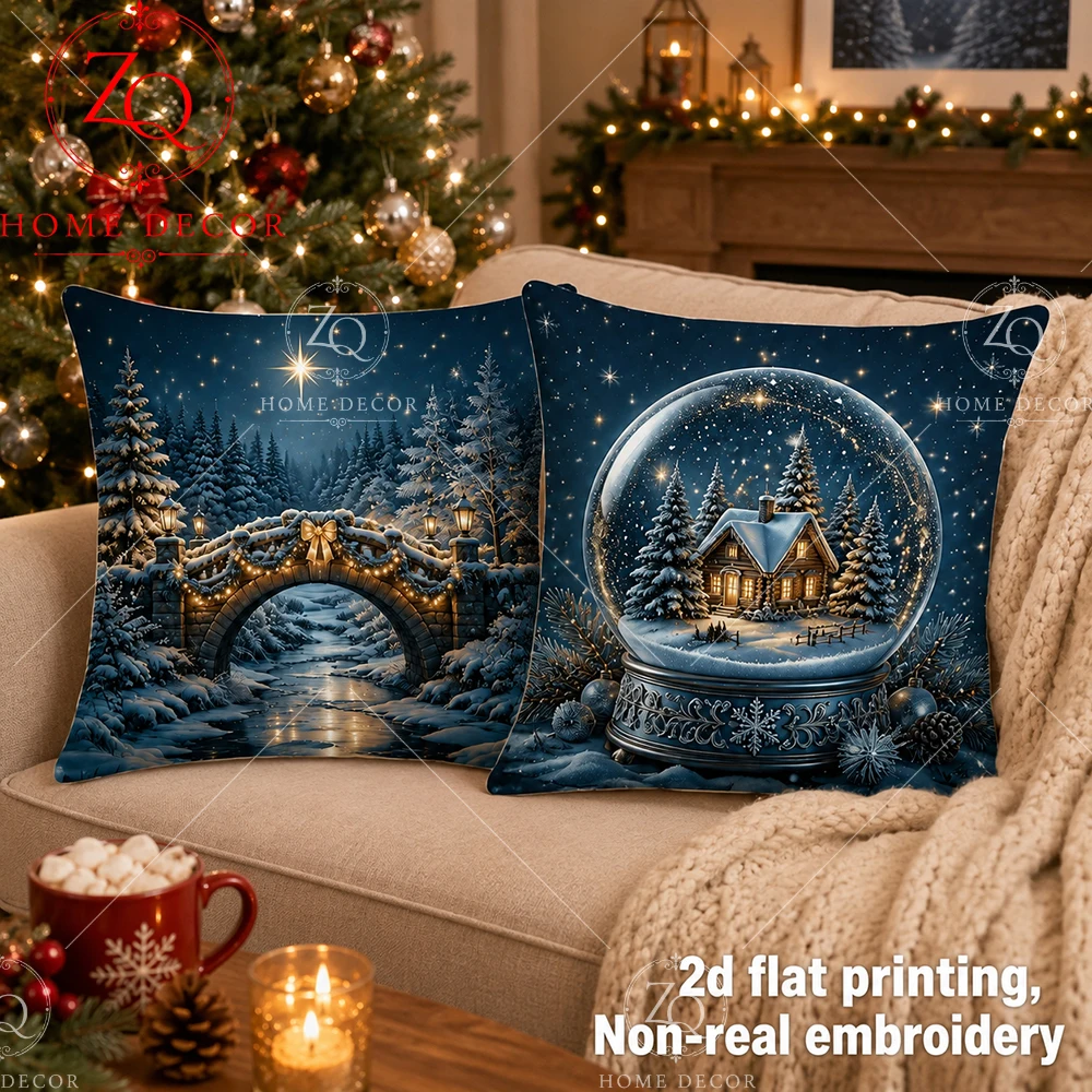 Christmas Throw Pillow Covers Winter Snow Globe Cabin Bridge Scene Decorative Soft Cushion Cases For Sofa Bedroom