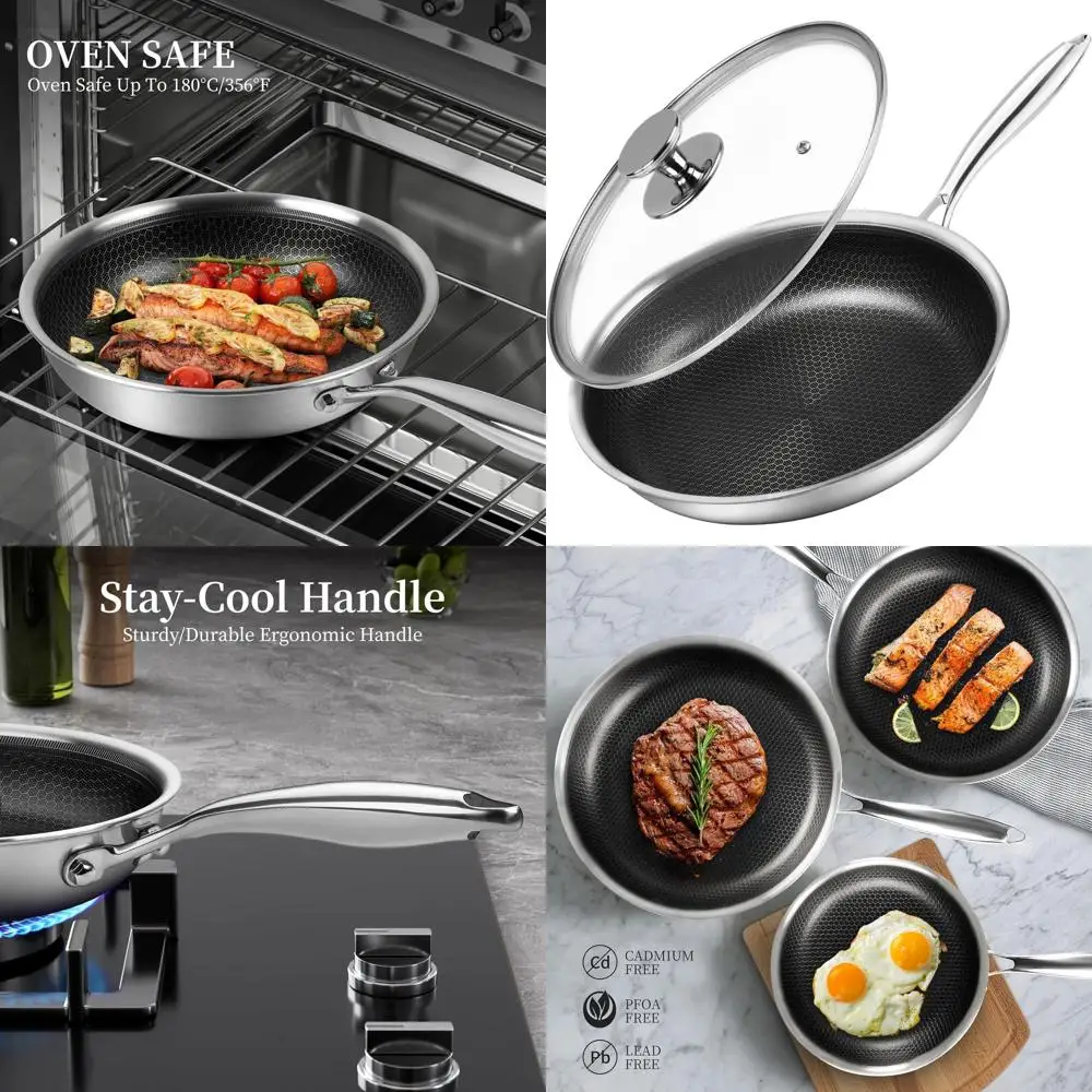 

Большая антипригарная сковорода из нержавеющей стали с сотовой структурой, 12 дюймов, с крышкой, идеально подходит для яиц и омлетов, полезная и совместимая с различными типами плит