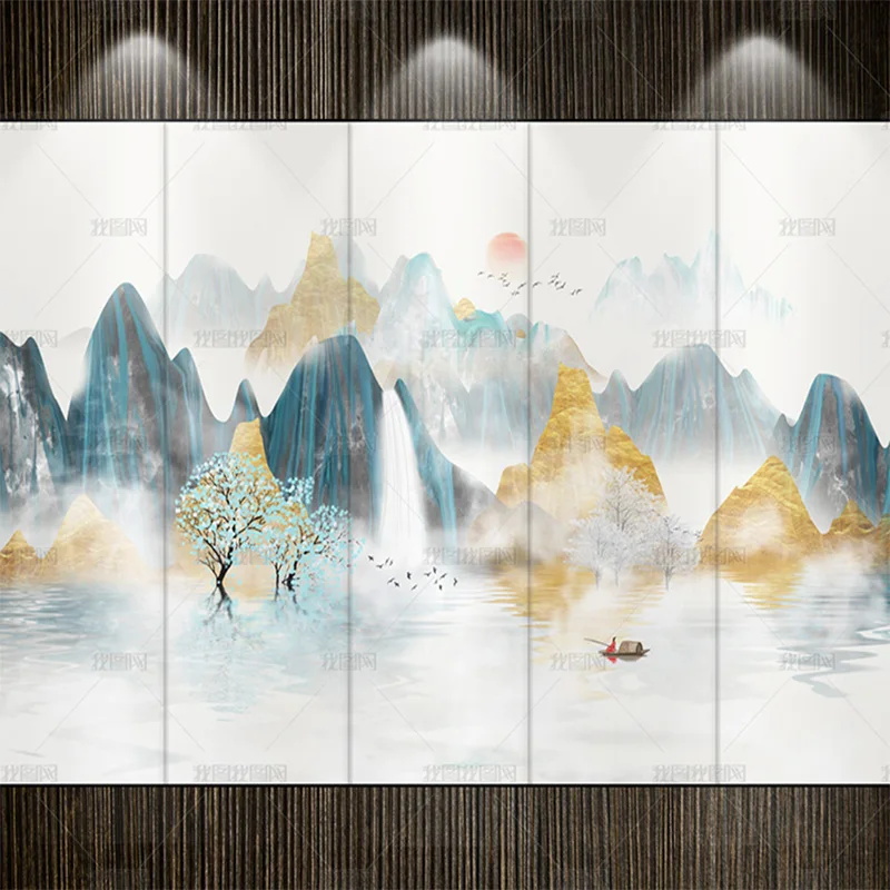 

Пользовательские 3D современные новые китайские концепции облако туман водные чернила пейзаж золотые обои Цзяннань фреска ТВ фон для гостиной