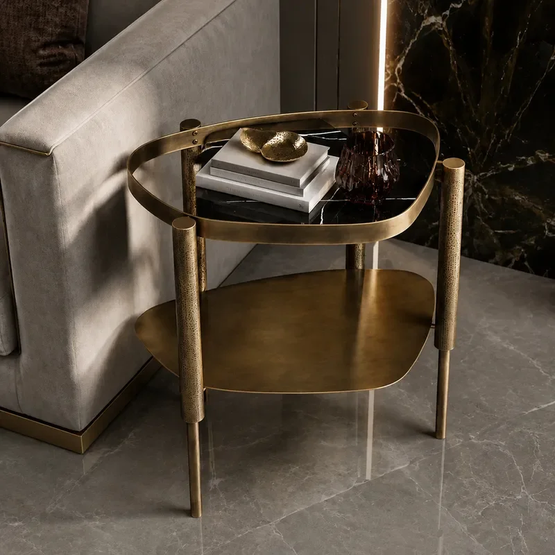 Italian Light Luxury Marble Edge Stainless Steel Corner Table Retro Style Small Apartment Household Special Shaped Side Table
