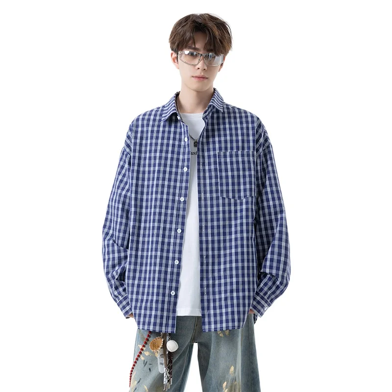 

Fashion Men Vintage Plaid Shirt Long Sleeve Cotton Blend Casual Top Streetwear Urban Wear Spring Summer Shirt for Daily Outfit