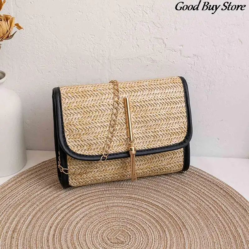 2023 Trendy Beach Shoulder Purse for Women Straw Square Bags Raffia Portable Crossbody Bags Popular Large Totes Travel Handbags