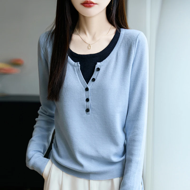 

New Women fake two pieces Cashmere Sweater Knitted Hot Selling Soft drawstring Cashmere sweater Women Top