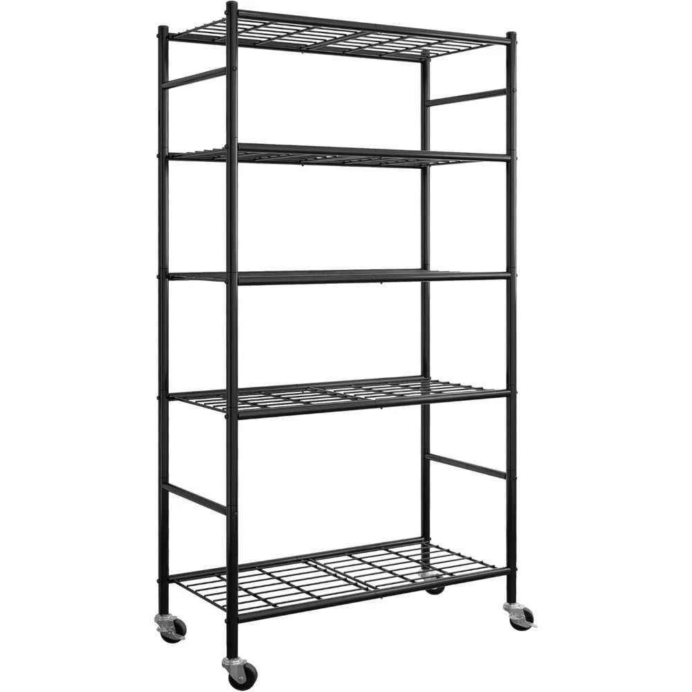 

5-Tier Metal Storage Shelf with Wheels & Adjustable Feet, Heavy Duty Garage Organizer for Kitchen Pantry Closet, Black