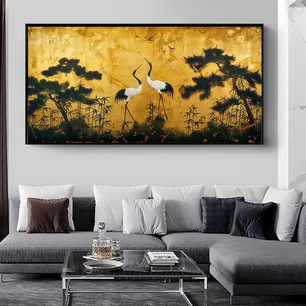 Bambus- und Kranich-Landschaft Leinwandgemälde Dekor Japanische Goldene Minimalistische Leinwandkunstdrucke Vollmond und Vögel Wandkunst Poster – Detail 3