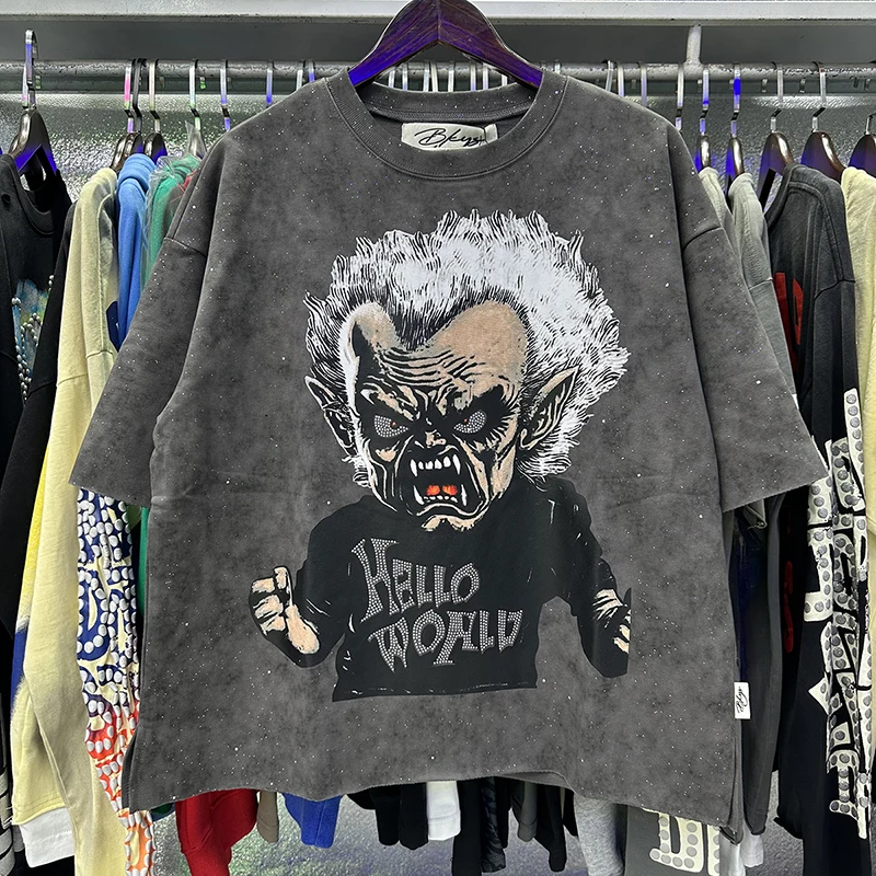 American Street BKYS Hotfix Rhinestone Glitter Loose Casual T-Shirt Men Women Wash Do Old Cartoon Print Round Neck Short Sleeve