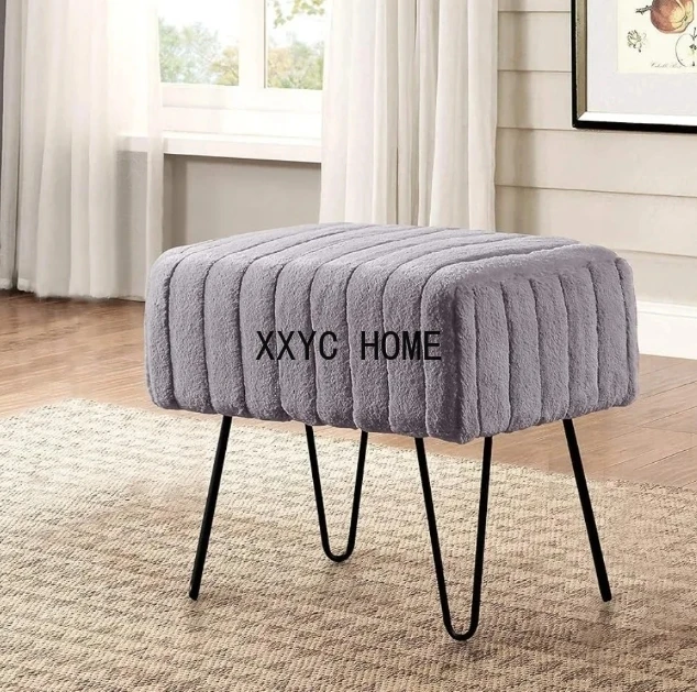 

Faux Fur Gray Bench Living Room Foot Rest Stool Makeup Bench End of Bed Bedroom Home Decor Chair