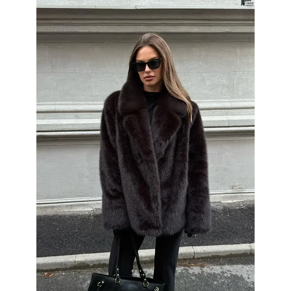 Women Notched Lapel Faux Fur Coat Fluffy Plush Warm Overcoat Fashion Outerwear Wholesale Ladies Elegant Winter