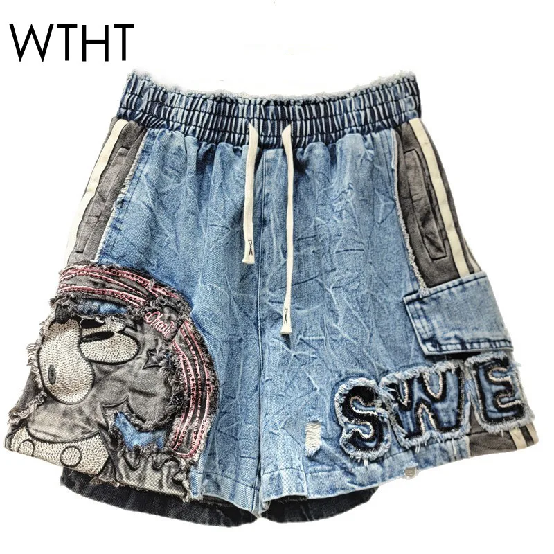 

WTHT Fashion Women's Patchwork Cartoon Print Denim Shorts Vintage 2025 Summer Drawing Elastic Waist Short Pants Female 1LS1868