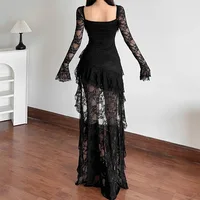 Goth Dark Fairycore Lace Flare Sleeve Square Neck A-line Dress Sweet E-girl Irregular Long Hem Dresses Cyber Y2K Party Vestido - Image 5