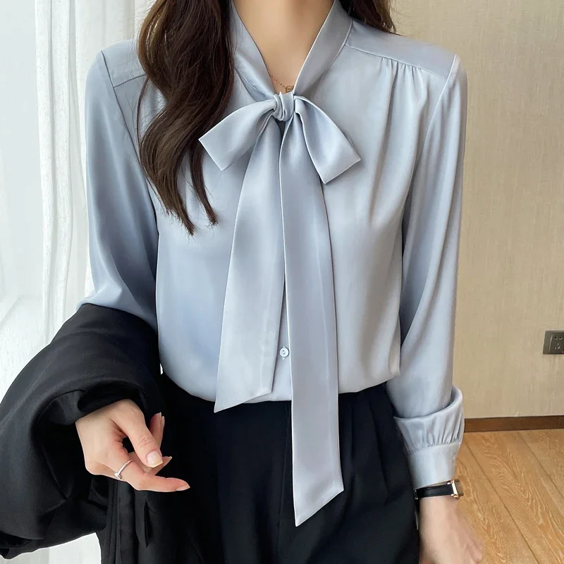 2024 Autumn Shirt for Women Korean Fashion Long Sleeve Women\'s Clothing New Black Bow Lantern Sleeve Womens Tops OL Satin Blouse