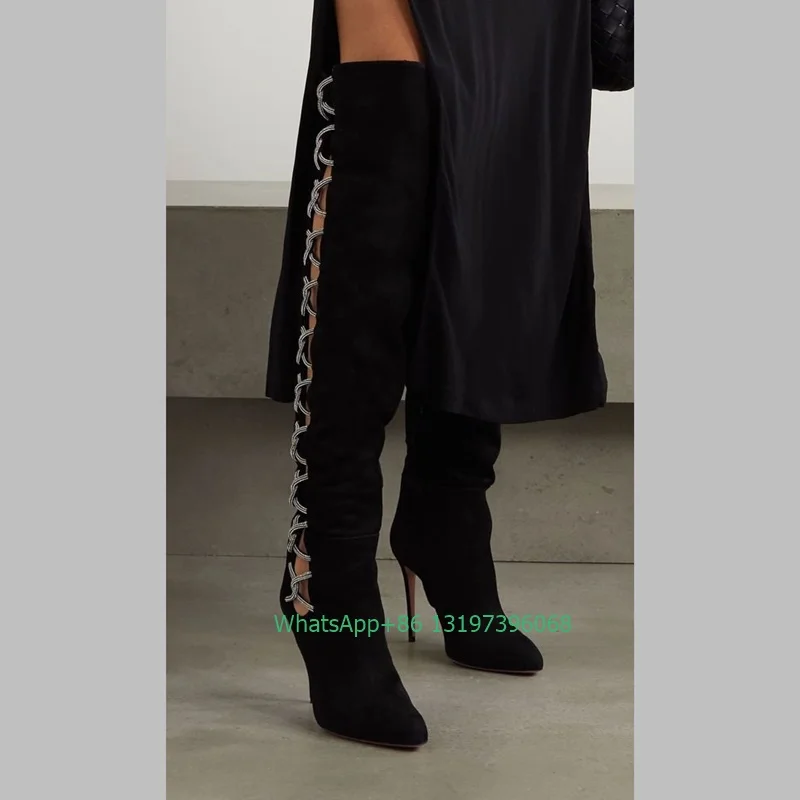 

Lady pointed toe suede black hollow design thigh boots bling sequins sliver dress boots over the knee party sexy daily boots 46