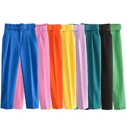 2024 Spring New Women's Fashion Casual High Waist Pants Versatile Solid Color Matching Belt Long Pants