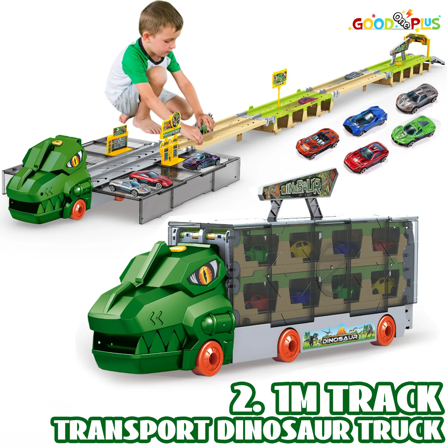 Large Transport Dinosaur Truck Transform Ejection Truck Alloy Inertial Car Set 2.1M Track Folding Container Car Gift for Boys