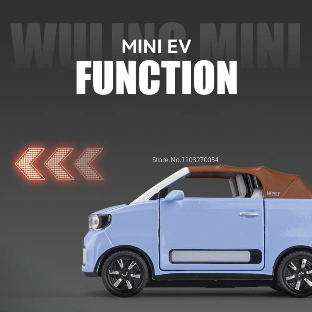 WuLing-MINI EV Convertible Edition, modelos de coches de simulación fundidos a presión, luz de sonido, vehículos extraíbles, colección de regalos para niños, 1/24