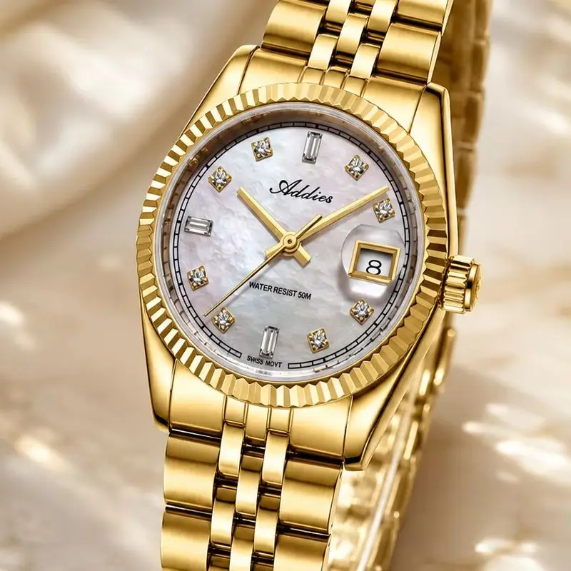 ADDIES Stainless Steel Date Display AW25905 Wristwatches Czech Rhinestones Sapphire Glass Watches Waterproof Gold Watch Ladies