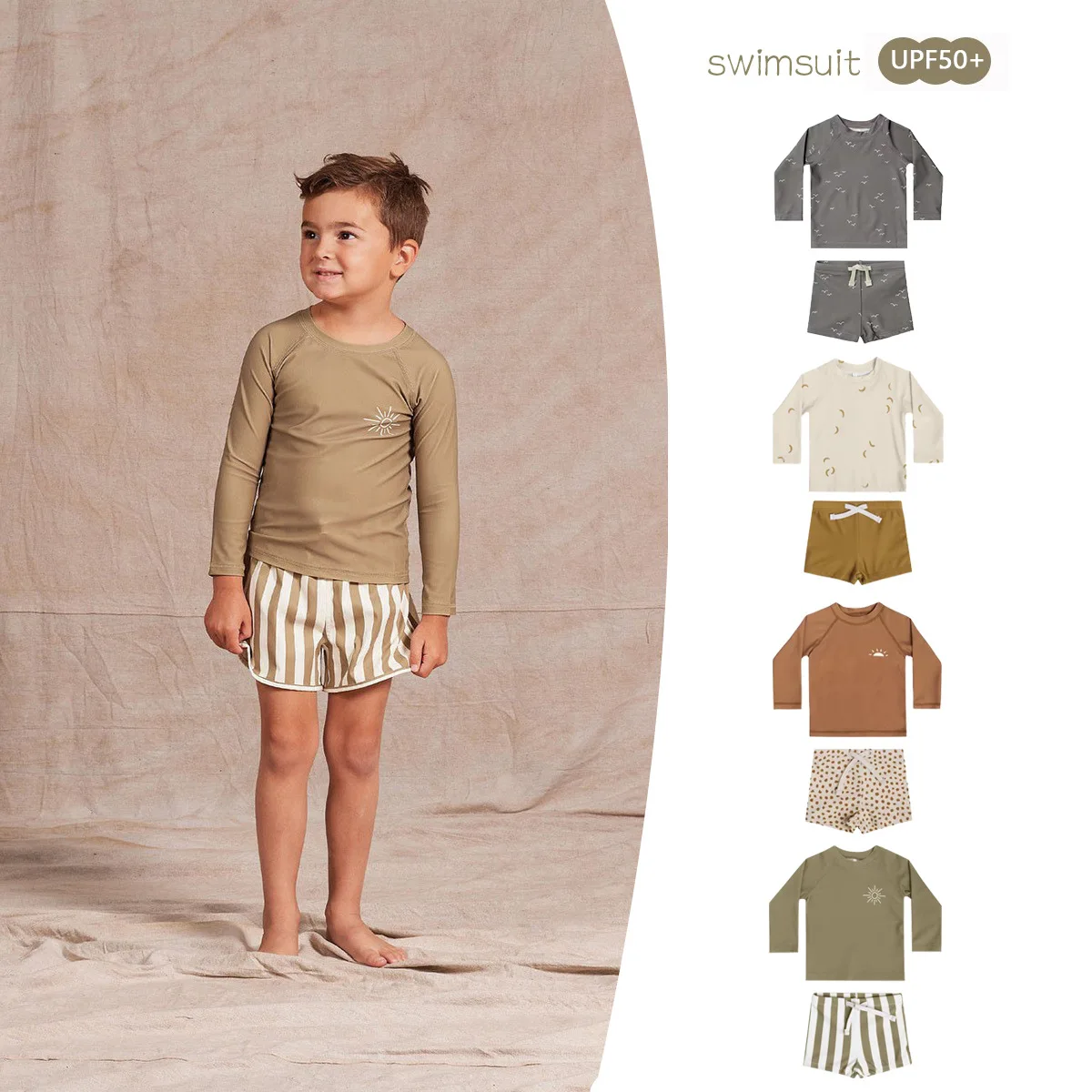 

Детский купальник из двух частей | Рашгард с длинными рукавами и принтом солнца, а также полосатые шорты | Пляжный купальник для малышей