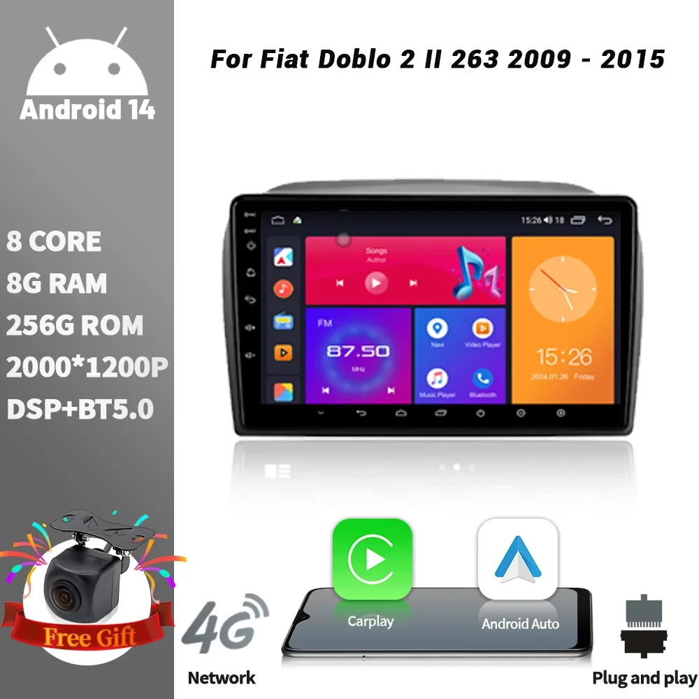 Android Car Radio Multimedia Player Navigation 2DIN Wireless CarPlay Screen Stereo For Fiat Doblo 2 II 263 2009-2015 4G WIFI