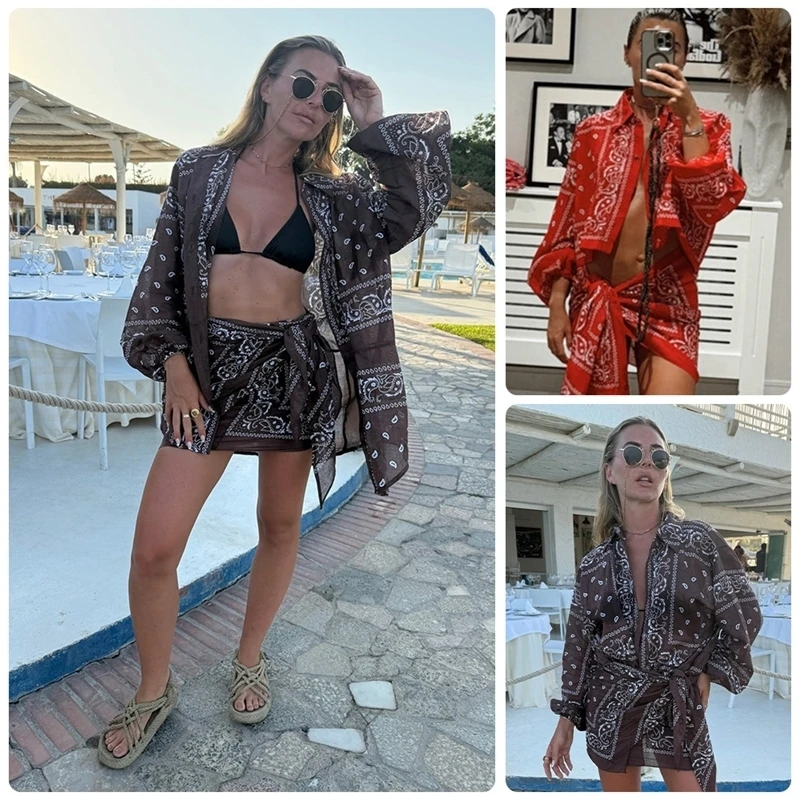 

Bandana Print Cropped Shirt&Bottoms Set Button-Down Shirt Skirt/Pants 2026 Spring Boho Western Women Suit Holiday Casual Outfit