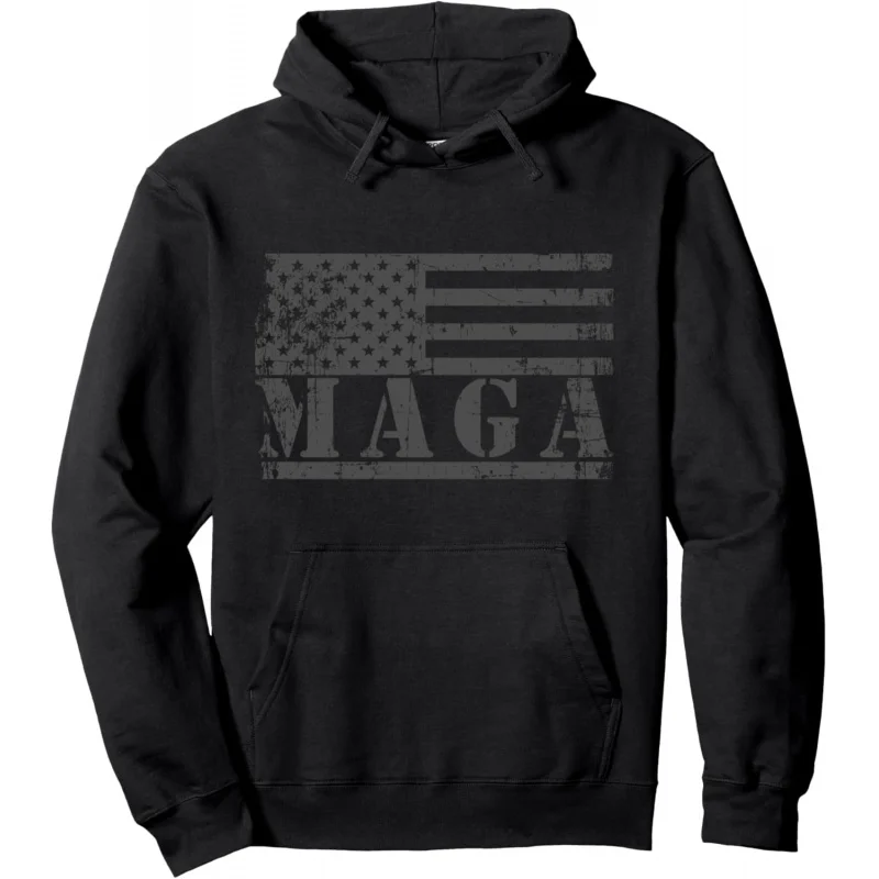 

MAGA Flag Hoodie Distressed Gray American Flag Gray Text Sweater Hoodie Loose unisex style