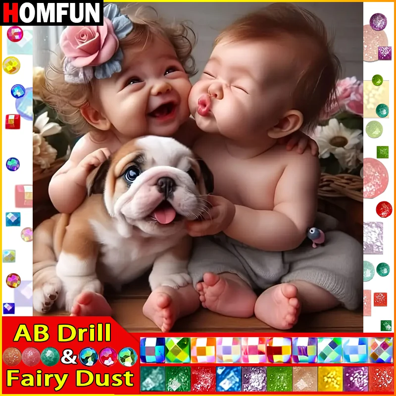 

Алмазная живопись HOMFUN с феями пыли AB, полноразмерная/круглая картина 5D «сделай сам», «Портрет ребенка, собака», вышивка стразами, семейный Декор