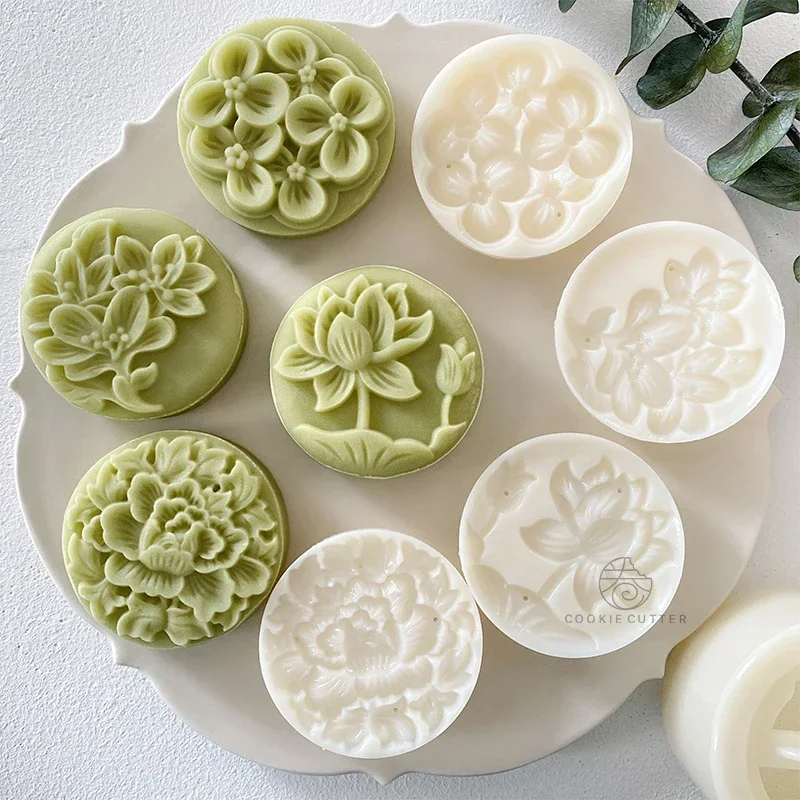 4 ชิ้น/เซ็ตดอกไม้รูปร่างรอบ Mooncake แม่พิมพ์จีนสไตล์ Pastoral มือความดัน 3D DIY Fondant เค้กตกแต่งเครื่องมือ