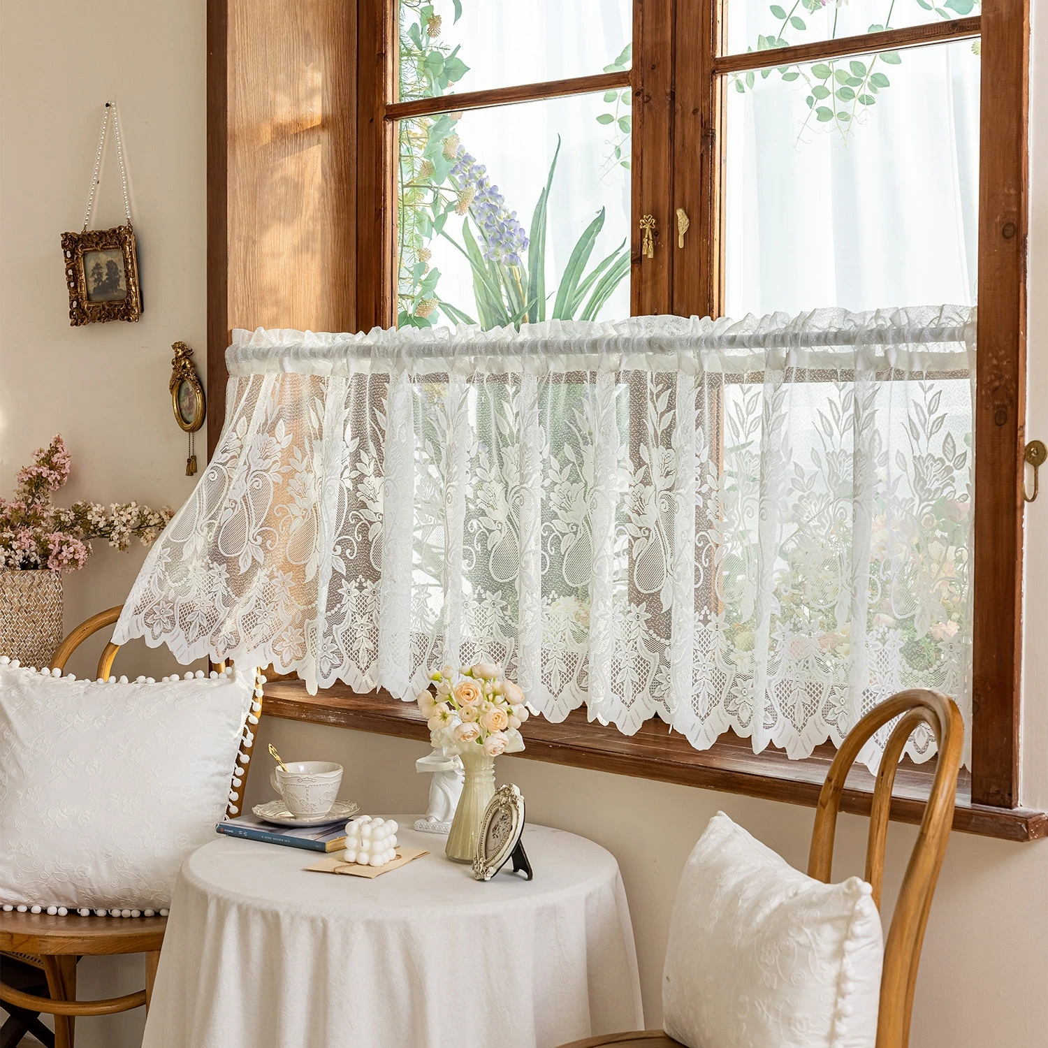 Kurzer Vintage-Vorhang mit bestickter Spitze, Wohnzimmer-Dekoration, Esszimmer, Schlafzimmer, französischer Stil, fertige Vorhänge, romantische Atmosphäre