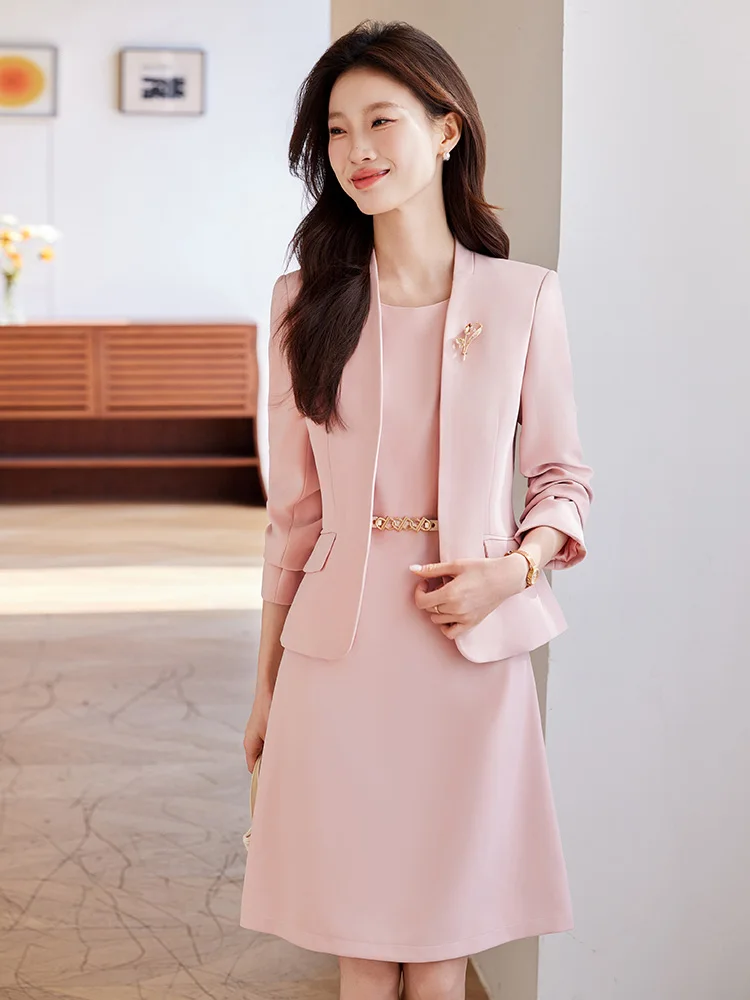 

Розовый женский пиджак без воротника, весенняя новинка, маленький размер, профессиональный комплект, внутренний слой, состоящий из двух предметов, для офиса/повседневной носки