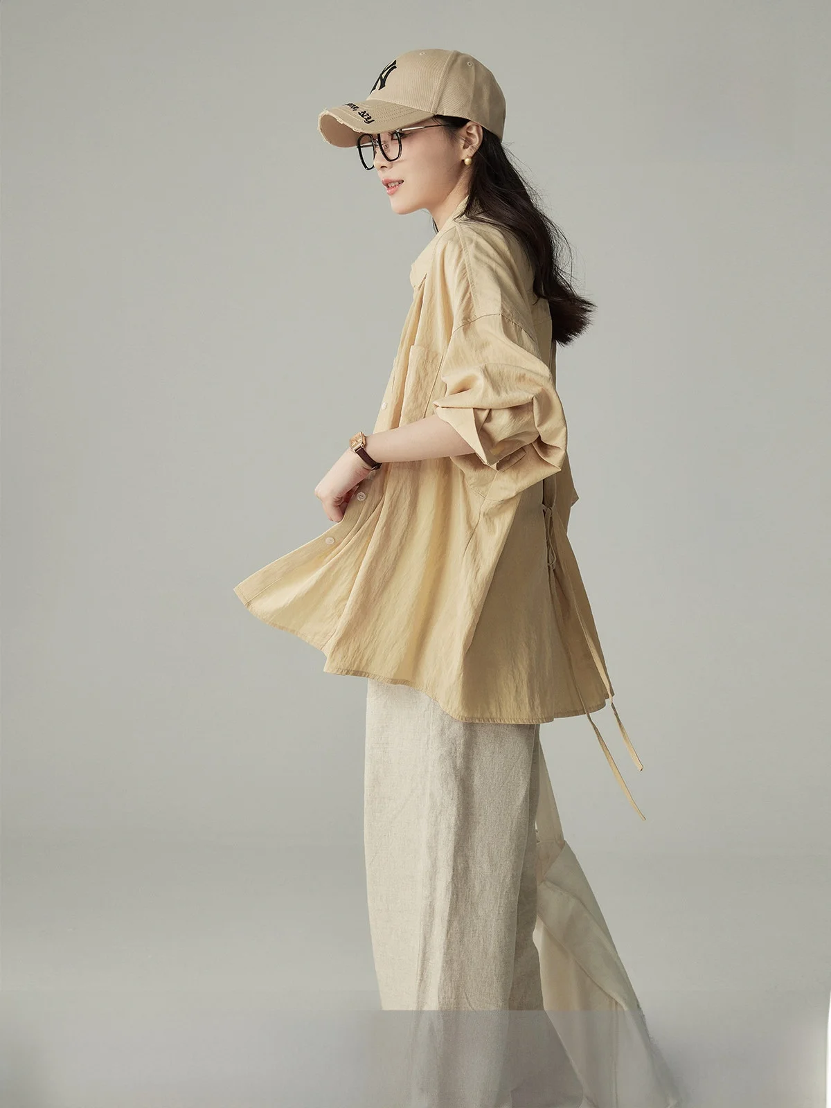 

Yake Home Women's Casual Long Sleeve Shirt Stand Collar Back Tie Spring Summer Loose Shoulder Drop Basic Style Commute Fashion