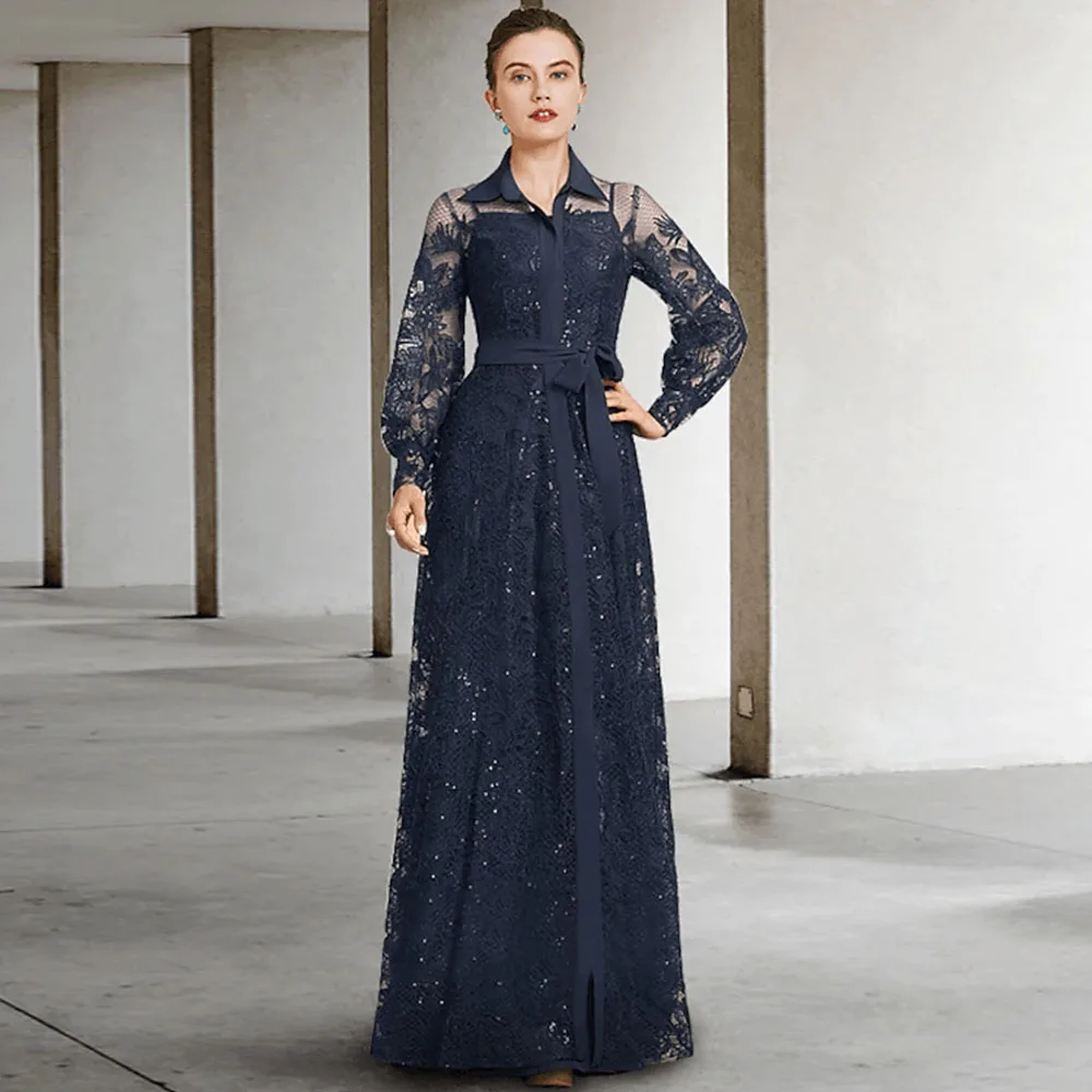 Navy Blue Mother Of The Bride Dress Lace A-Line Custom Wedding Guest Gown Illusion Long Sleeves Elegant Evening Party Dresses