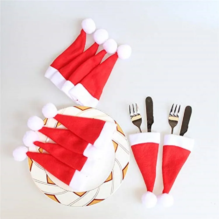 Decorations Mini Christmas Hat Christmas Knife and Fork Set Wine Bottle Set Hat Tableware Set Pulling Fabric Mini Hat