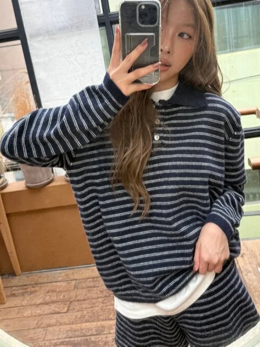 

Korean Style Vintage Striped Casual Long Sleeve Collared Knitwear Women's Top Short Pants Two-Piece Set Fashionable Autumn Wear
