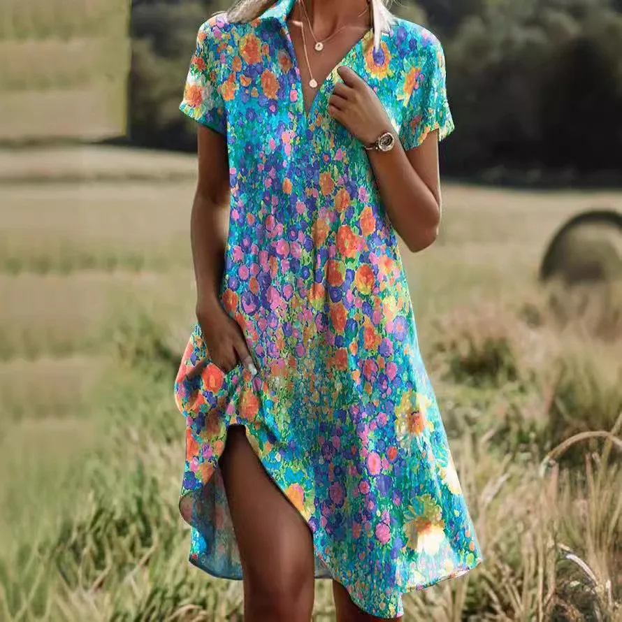 

2025 Summer Women's Dress Flowers Print O-Neck Fashion Lapel Pullover Pastoral Short-sleeved Bohemian Long Skirt for Female