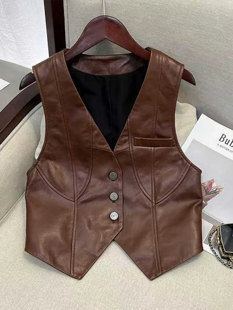 2025 New Spring Women's Casual V-neck Button Imitation Leather Fine Cut Black Vest Female Waistcoat Sleeveless Jacket