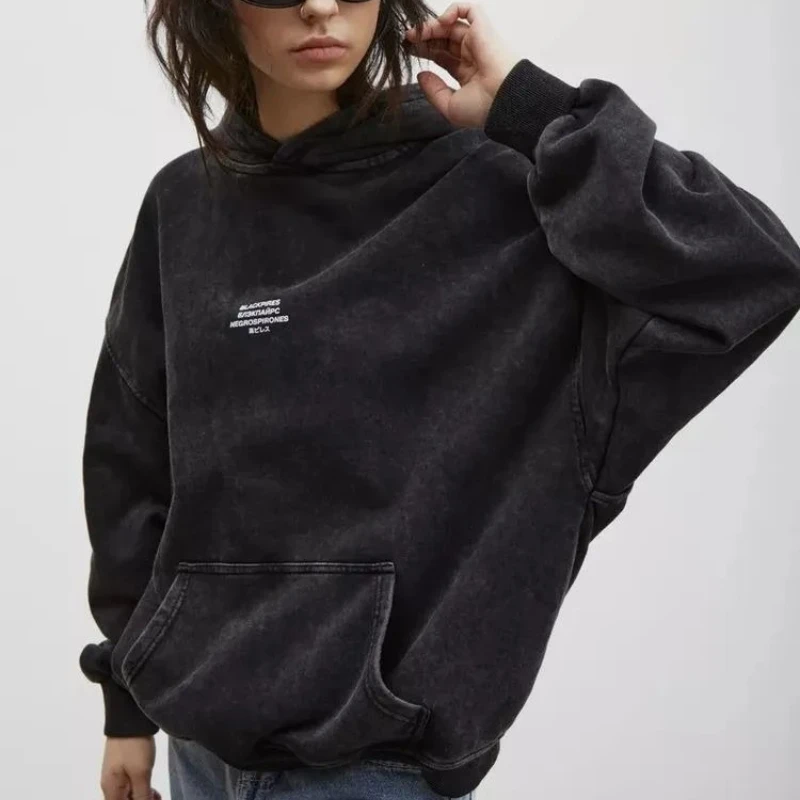 Felpe con cappuccio grafiche con lettere divertenti alla moda di strada russa Felpa oversize nera lavata invecchiata Coppie hip-hop punk grunge allentate