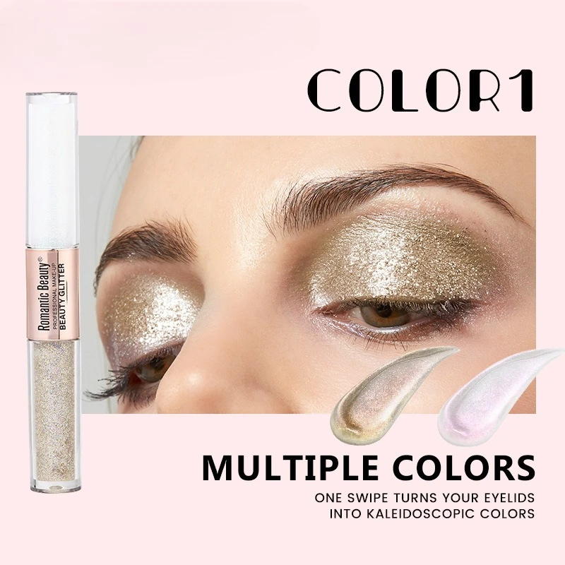 Dwustronny płynny cień do powiek, 2 kolory, połysk i brokat, długotrwały, wodoodporny, odporny na rozmazywanie, do makijażu na imprezę i na co dzień.