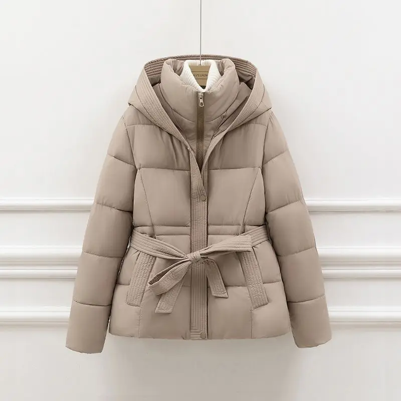 High End Down Cotton Jacket for Women Winter 2026 Fashion Slim Thicken Hooded Bread Coat Female Warm Parka Overcoat With Belt