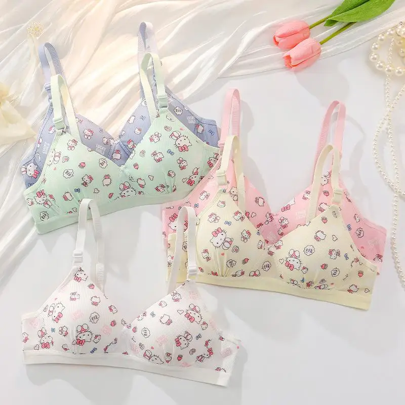 Kawaii Thin Sanrios Bra Girl Cute Hellokitty Bra Half Cup Underwear Small Chest Gathering No Steel Ring Comfortable Bra Set Gift