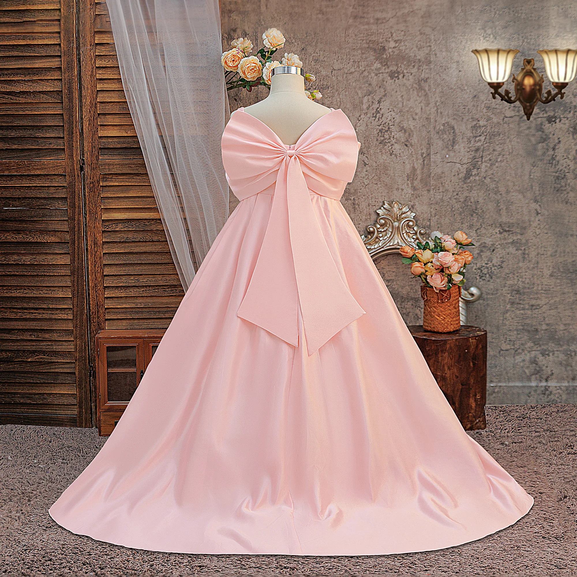 Satin-Hochzeitskleid für Mädchen, Elegantes Prinzessinnenkleid für Erstkommunion, Party, Brautjungfern, Abschlussball, Weihnachten, Neujahr, Abendkostüm – Detail 9