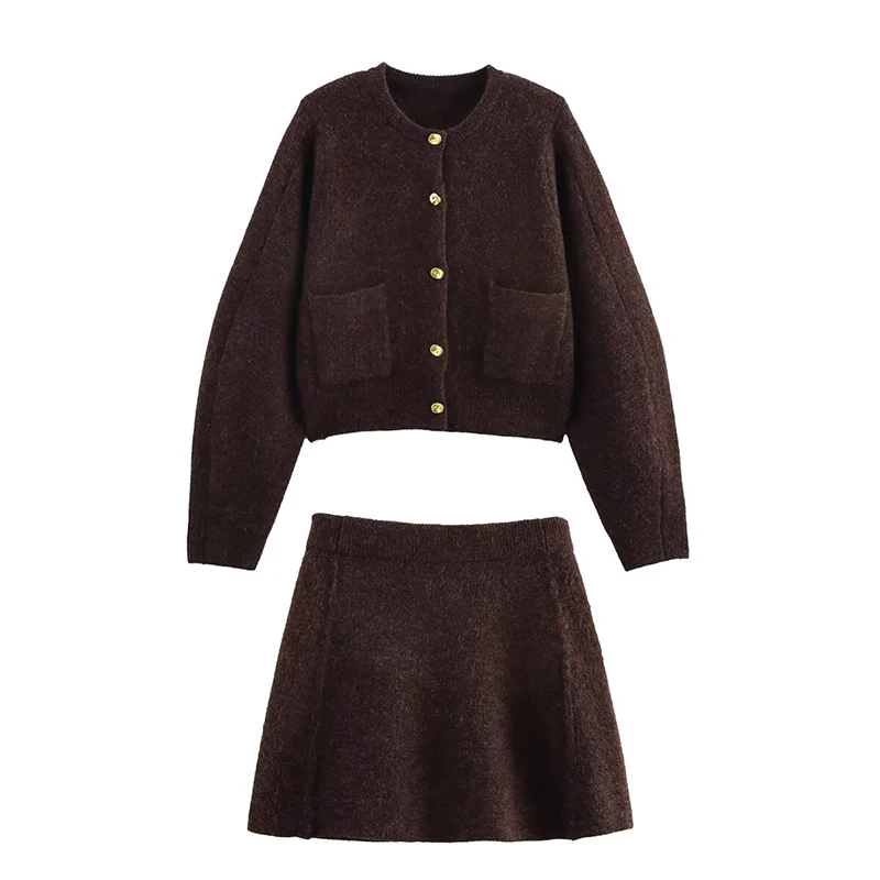 YENKYE 2025 Women Single Breasted Knit Cardigan Long Sleeve O Neck With Pockets Spring Jacket  Female Elegant Brown Coat